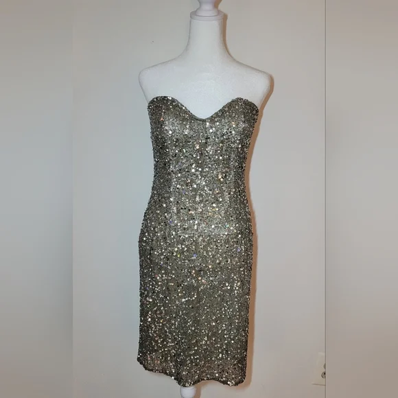 Scala Sequin 100% Real Silk Beaded Mini Dress Sz L Strapless - Picture 2 of 15